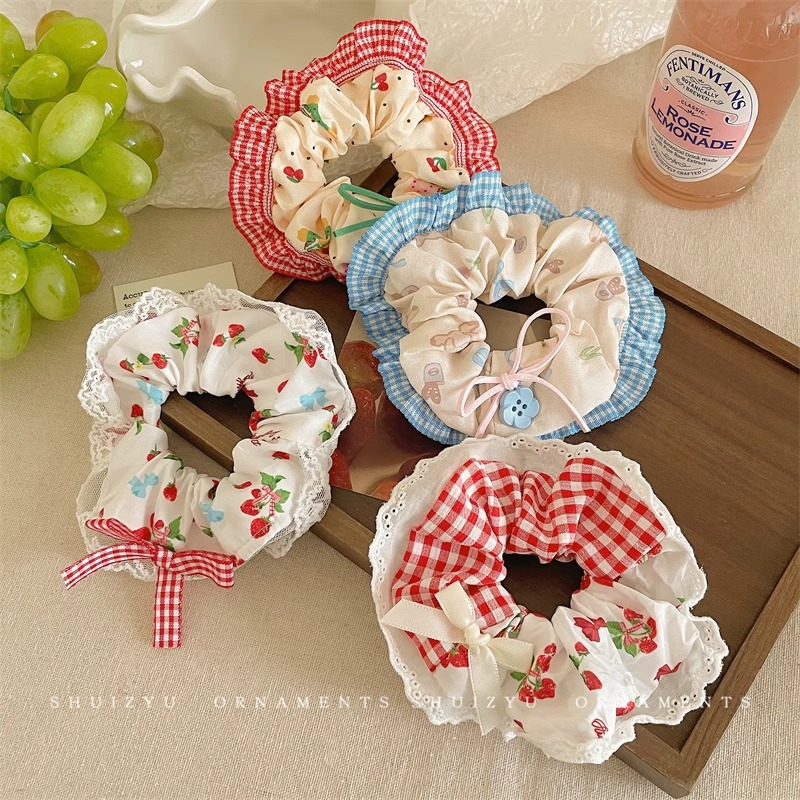 Pequeño fresco estilo retro flor triturada anillo de cabello adornamiento de cabello de niña corazón de cola de caballo intestino anillo de cabello temperamento encaje tocado