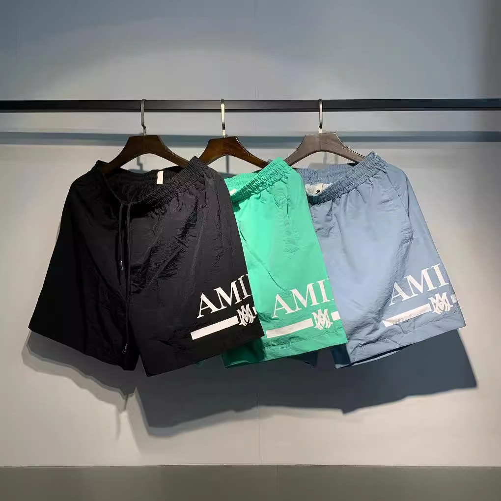24 Summer Beautiful Trendy Light Luxury Amiri Loose Multicolor Printed Men's Drawstring Staggered Waist Five-point Sports Shorts