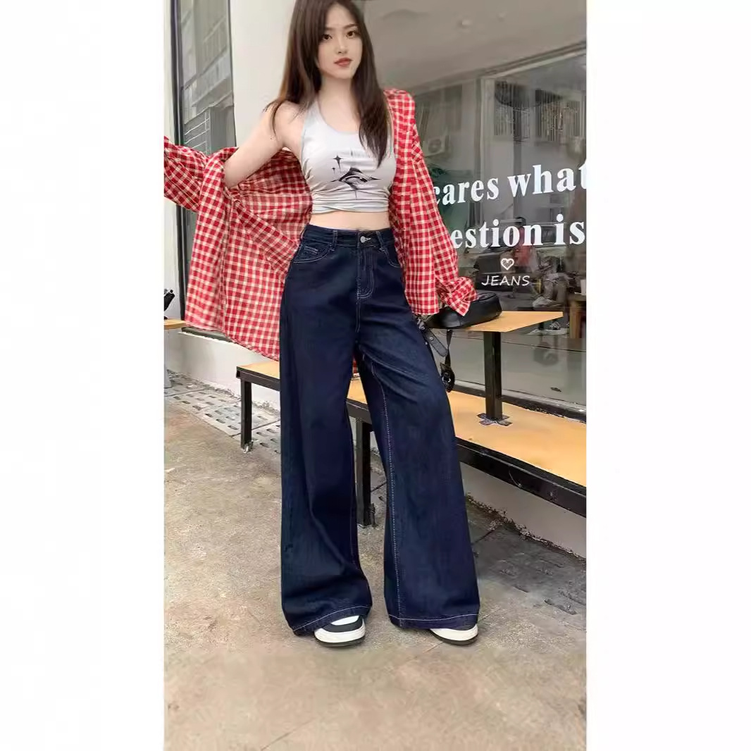 빈티지 다크 블루 넓은 다리 청바지 여성의 이른 가을 새로운 높은 허리 느슨한 투약 스트레이트 튜브 긴 바지