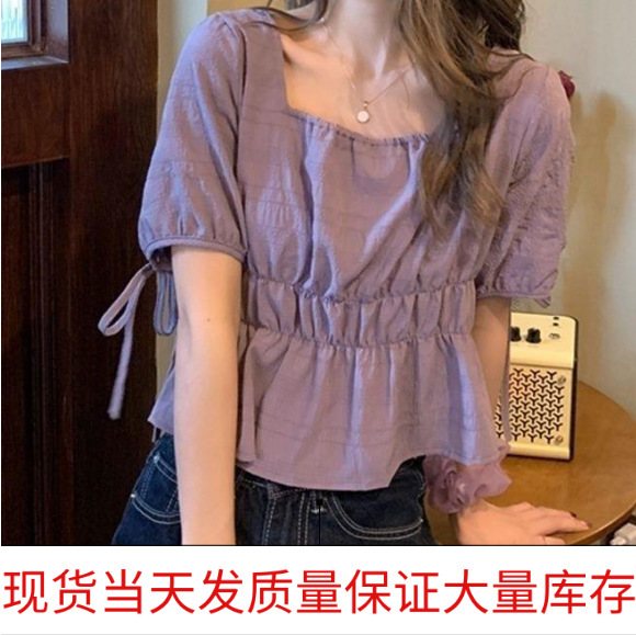 Spot Square Collar Bubble Sleeve Short Top Women's Short Sleeve Shirt Design Niche Korean Style Doll Shirt Summer 2022