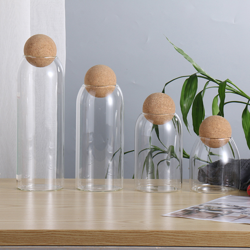 Jarra sellada de fábrica con tapa jarra de almacenamiento flor tarro de té redondo bola transparente botella de vidrio de borosilicato de corcho
