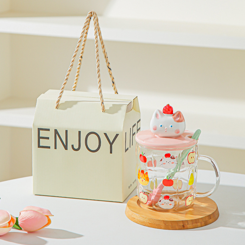 Gato estereoscópico pintado a mano alta resistencia al calor de vidrio de silicio de alta calidad de oficina con cubierta de cuchara de agua taza de dibujos animados taza de marca