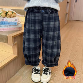 女童加绒花边脚口弯刀休闲裤加厚一体绒儿童大格子花苞裤冬装新款
