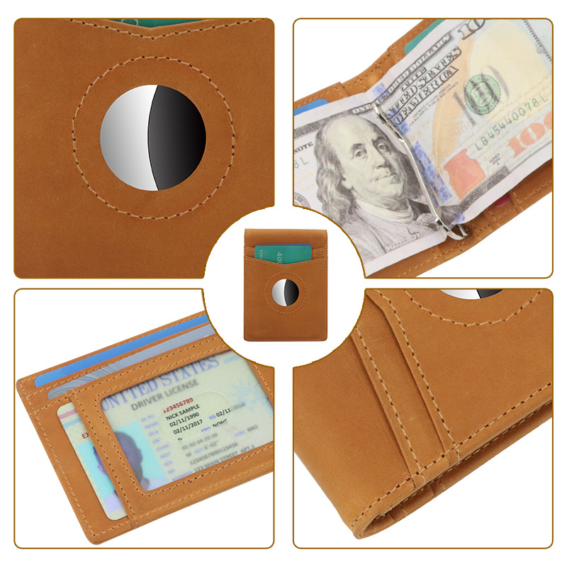 真皮男士短款钱包多卡位RFID防磁牛皮卡夹AirTag防盗追踪器美金夹