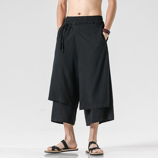 Chinese style linen Hanfu fake two-piece casual pants men's wide-leg pants skirt pants drape-black hair generation
