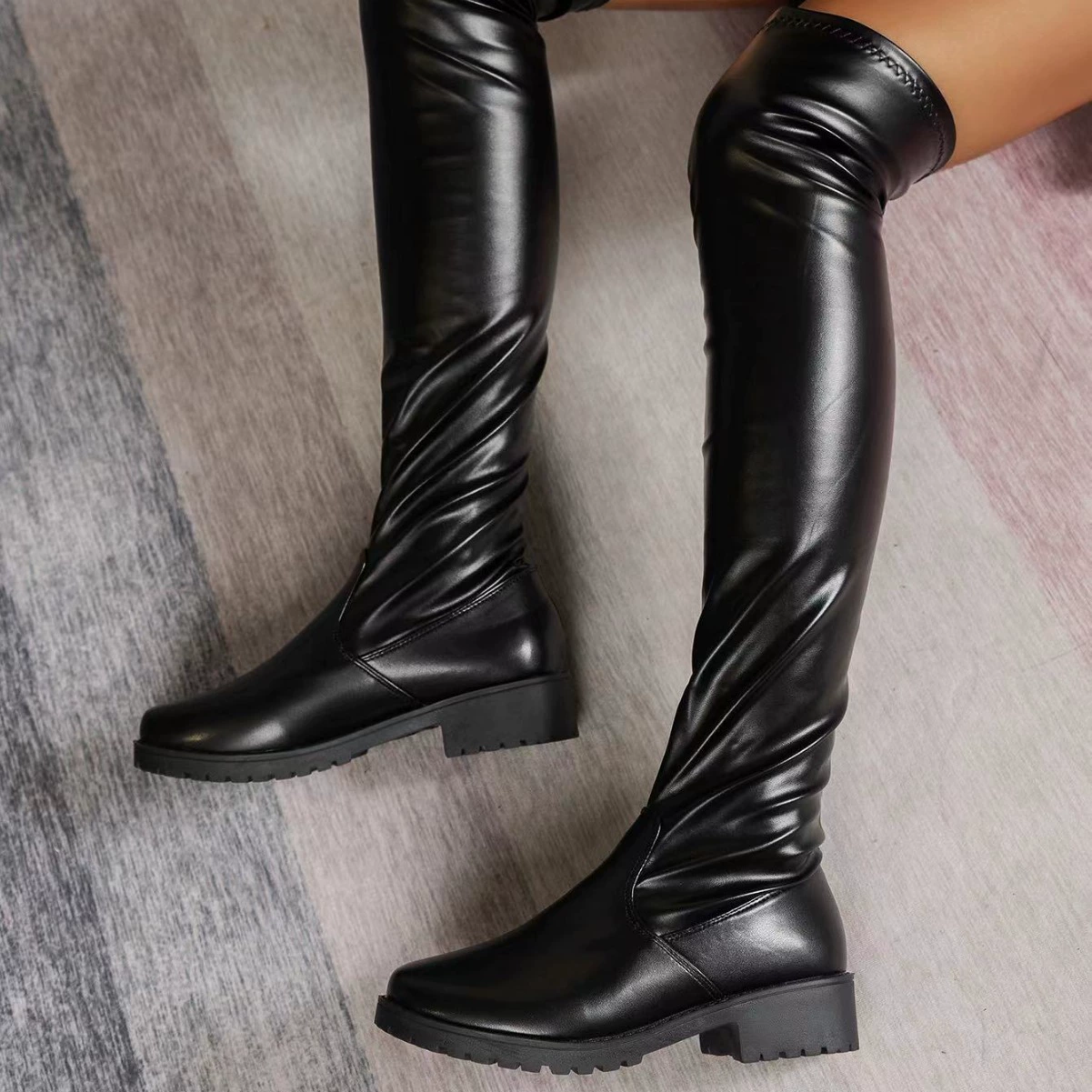 Over‑knee boots, elastic shaft, black, sizes 35–43