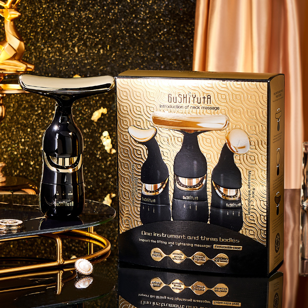 La historia y su aparato de masaje de tres cuerpos de introducción de vibración acústica desvanecer la línea fina de elevación de estiramiento apretado aparato de belleza doméstico