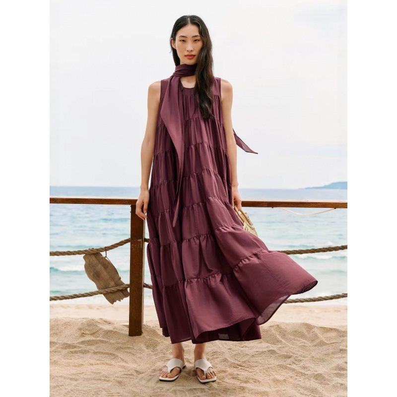 【Zhang Jingyi's style】Peacebird Elegant Commuting 7m Sunshine Mall Wine Red Dress for Women Summer 2540