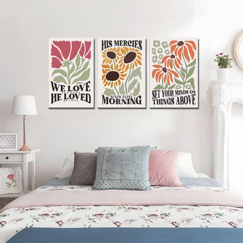 Three-Piece Set of Plant and Flower Canvas Posters, Simple Bathroom Wall Decoration Paintings, Home Fabric Posters and Prints