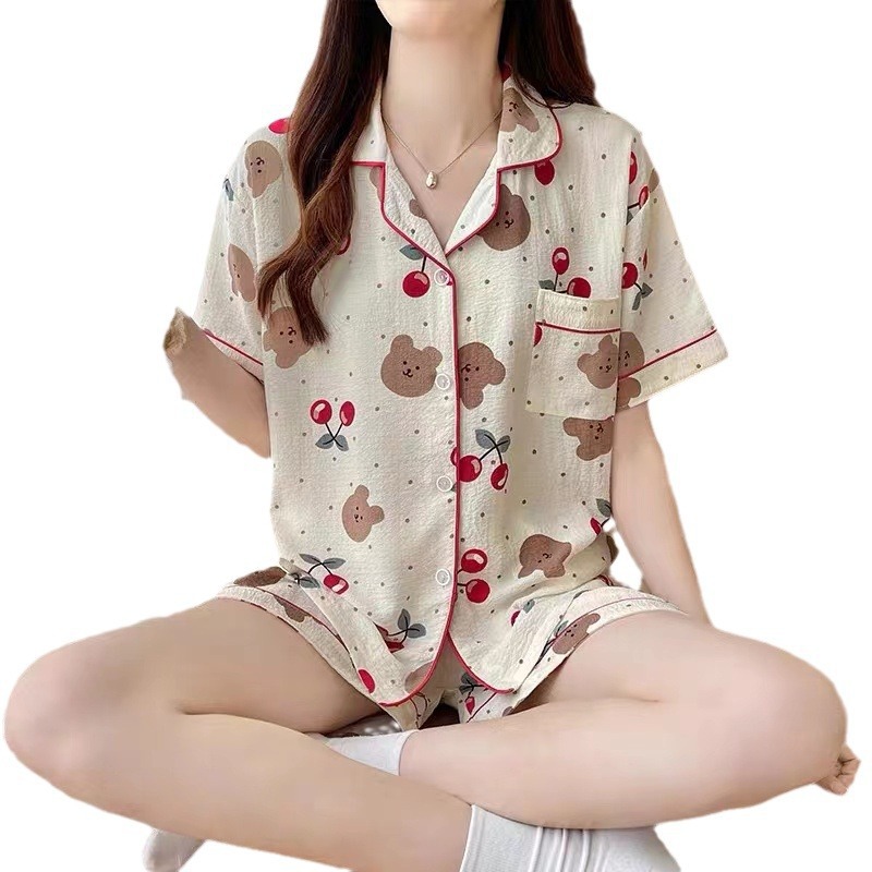 Burbujas arrugadas pantalones cortos de manga corta pijamas femeninos coreanos 2026 nuevo conjunto de dos piezas de dibujos animados adorables ropa doméstica de niña en vivo image 6