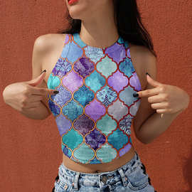 2021亚马逊夏季吊带背心上衣女式挂脖上衣印花圆领无袖露脐背心