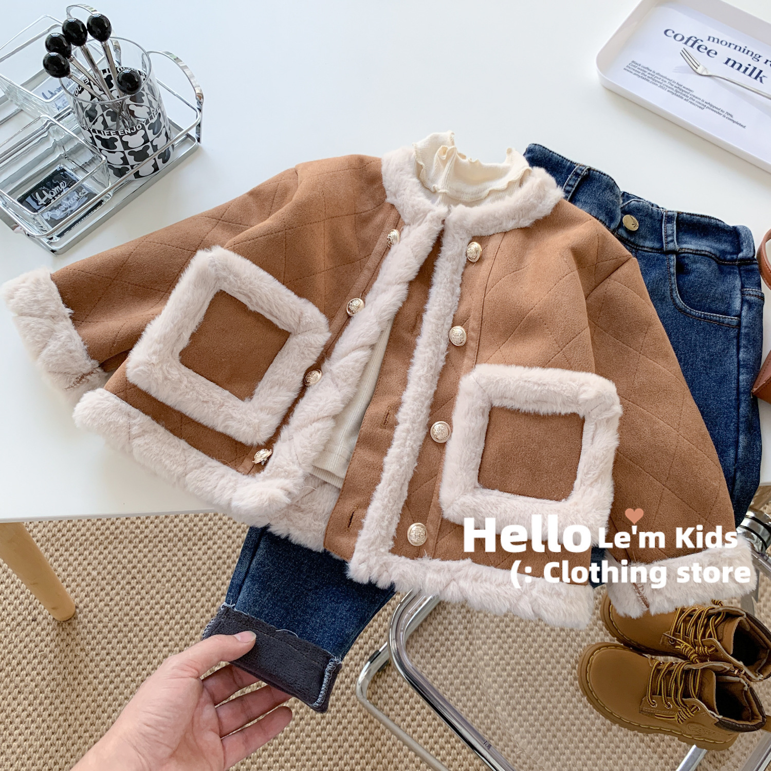 New Women's Children's Korean Style Snowflake Fleece Herringbone Double Lapel Rabbit Fur Padded Jacket 77116