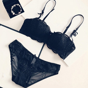 Women's Bra Set French Luxury Sexy Embroidered Black Lace Small Breast Push-Up Half Cup Thin Breathable Intimates