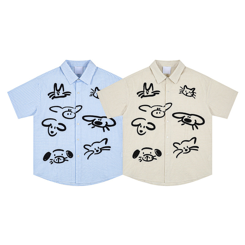 Neutral Outfit Summer Japanese Style Cartoon Embroidered Plaid Shirt Men and Women Cute Casual Design Short Sleeve