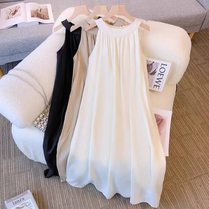 Sleeveless Halterneck Dress for Small Women, Gentle Elegant, Loose and Slimming Look, Seaside Vacation Fairy Dress, Long Skirt