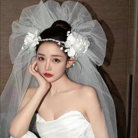 新娘主婚纱头纱白色绢花复古简约森系网红拍照头纱结婚晚礼服头饰