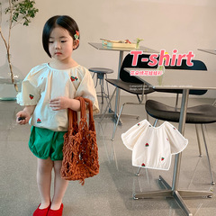 韓國童裝夏季新品女童泡泡袖襯衫兒童洋氣百搭繡花上衣小女孩襯衣