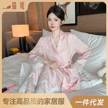 新款春秋冰丝提花睡衣套装新中式国风古风系带蕾丝可外穿家居服