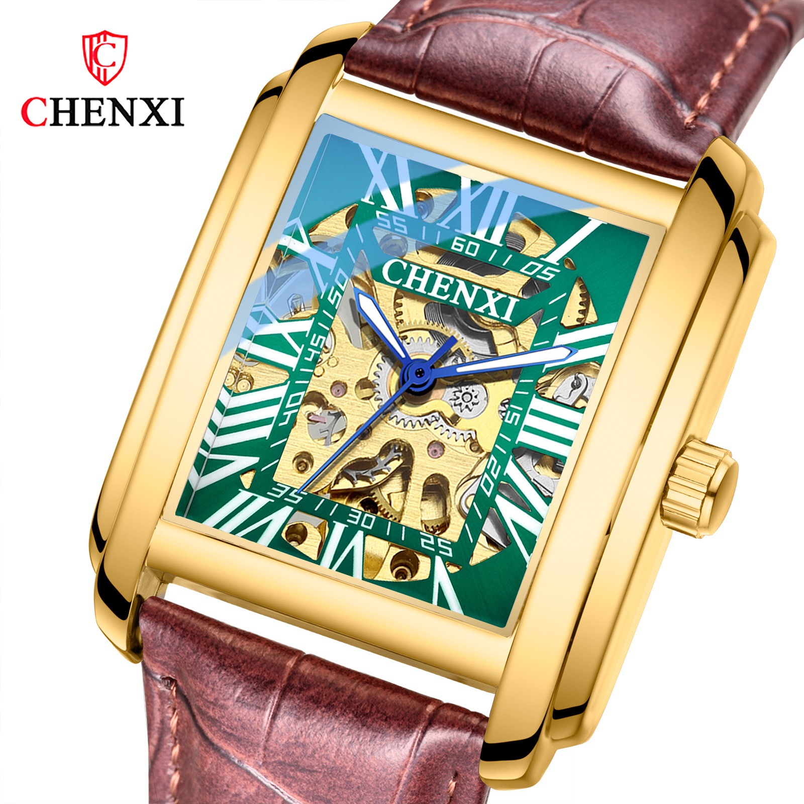 CHENXI reloj mecánico automático de los hombres Correa cuadrada hueco transparente inferior casual reloj 8816