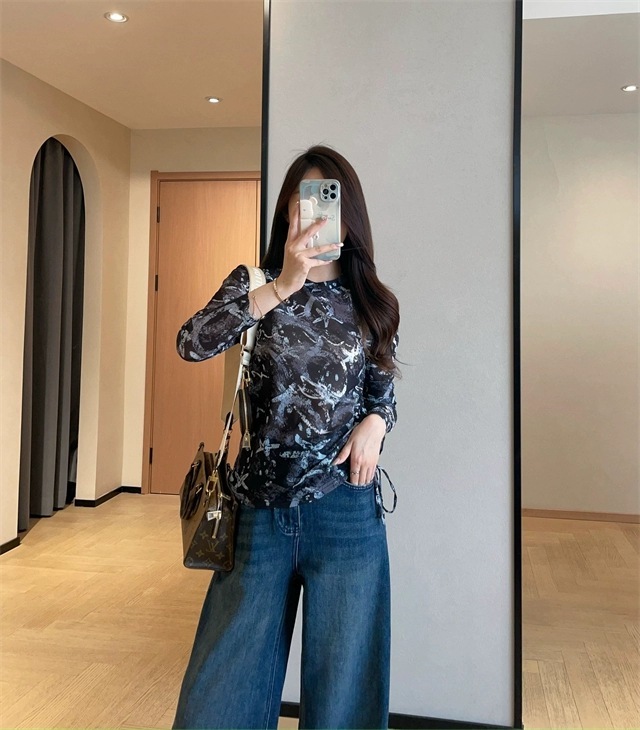 WTHEONE时髦精复古中式韵味花色修身显瘦侧边抽绳长袖T恤女2025秋|undefined