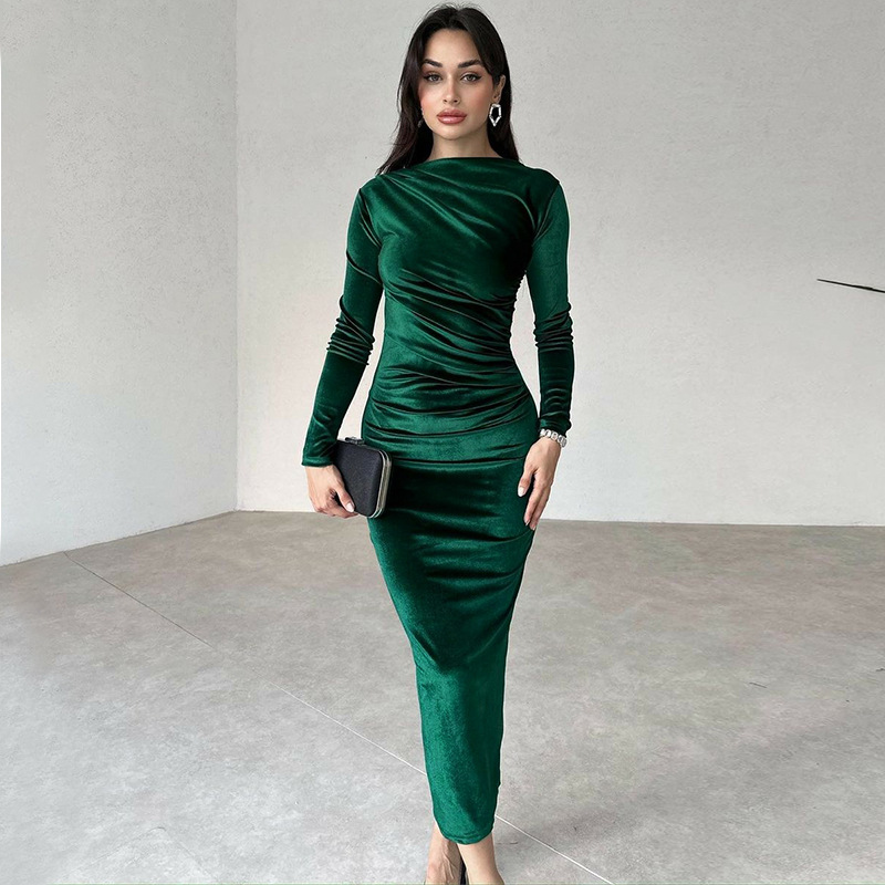 462g Weight Midi Dress Dress Length Type Long Sleeve Sleeve Length Velvet Dress Dresses Type Spandex, Polyester Fabric Type Mid Waist Waist Line Banquet, Evening Party Occasion Round Neck Neckline Slim Fit Type Solid Color Pattern Spring Season Women's Gender Elegant Style Wholesale Women's Elegant Solid Color Banquet Evening Party Round Neck Long Sleeve Velvet Dress 5