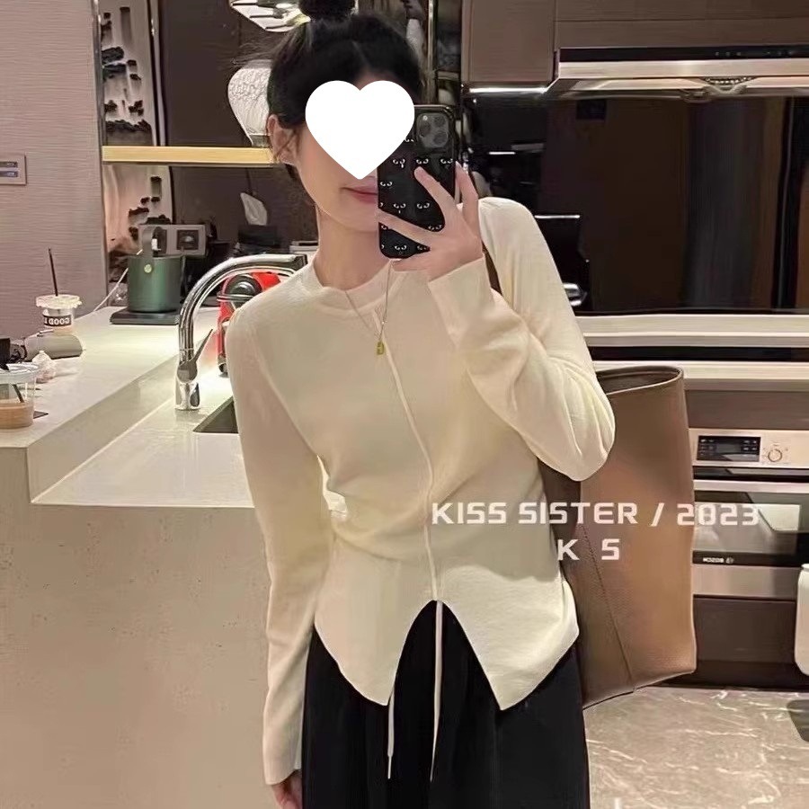 T332#不规则开叉长袖针织衫上衣女秋装季高级感毛衣修身内搭打底
