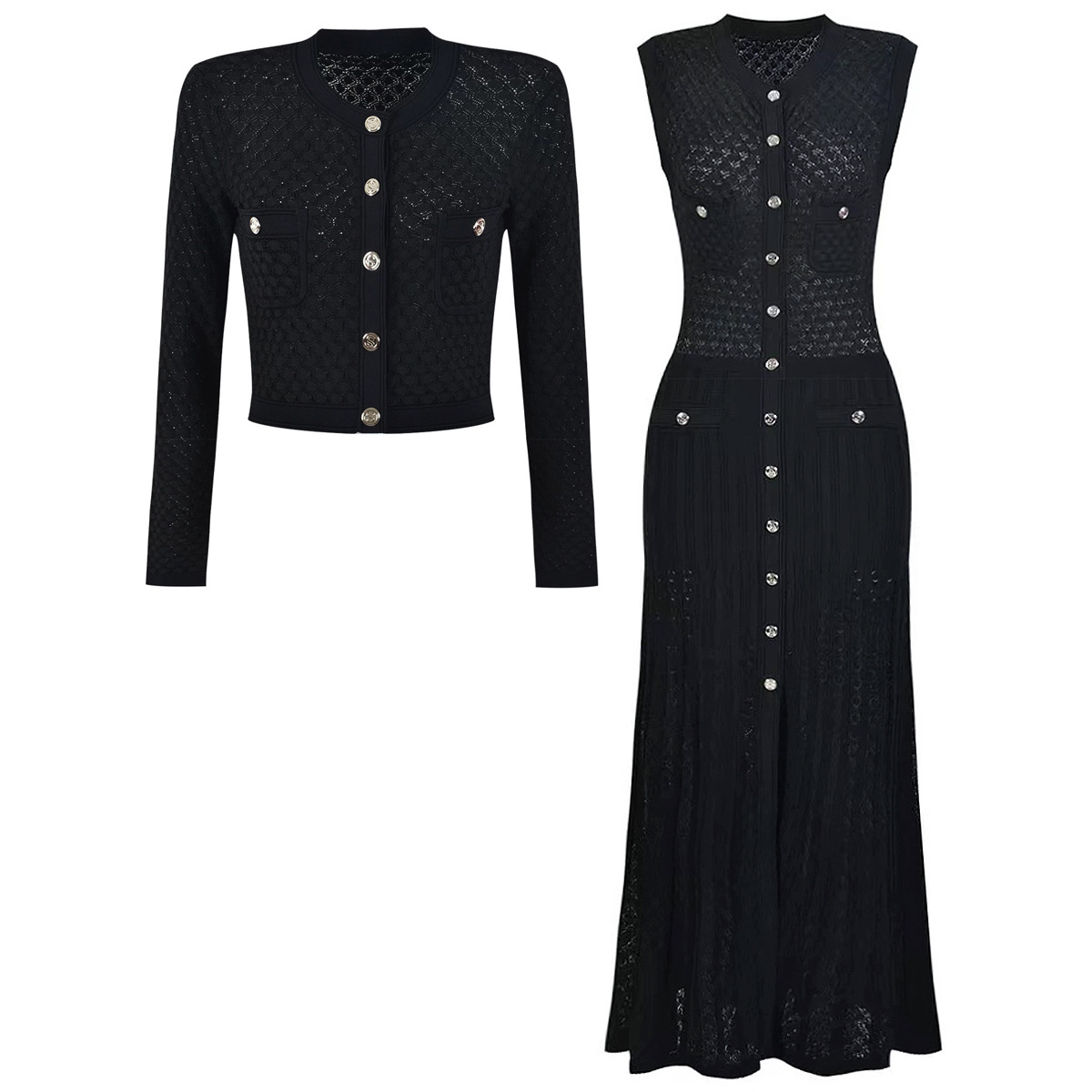 High-end in-stock spring and autumn new European and American fashion knitwear, long-sleeved round-neck hollow-out jacket top for women 24133