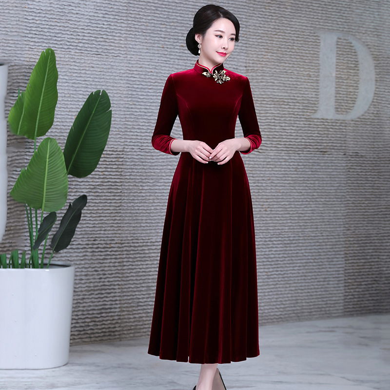 Shenzhen Brand Xi Pao Pa Dress Winter Clothing Modified Cheongsam Wedding Banquet Dress Long Velvet Dress One-Piece Wholesale