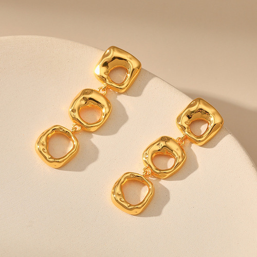 Irregular hollow design niche heavy industry metal high-end feel earrings brass plated 18K gold color retaining long earrings