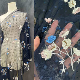 透明深蓝色网纱花朵刺绣提花时装面料裙子礼服手工diy布料