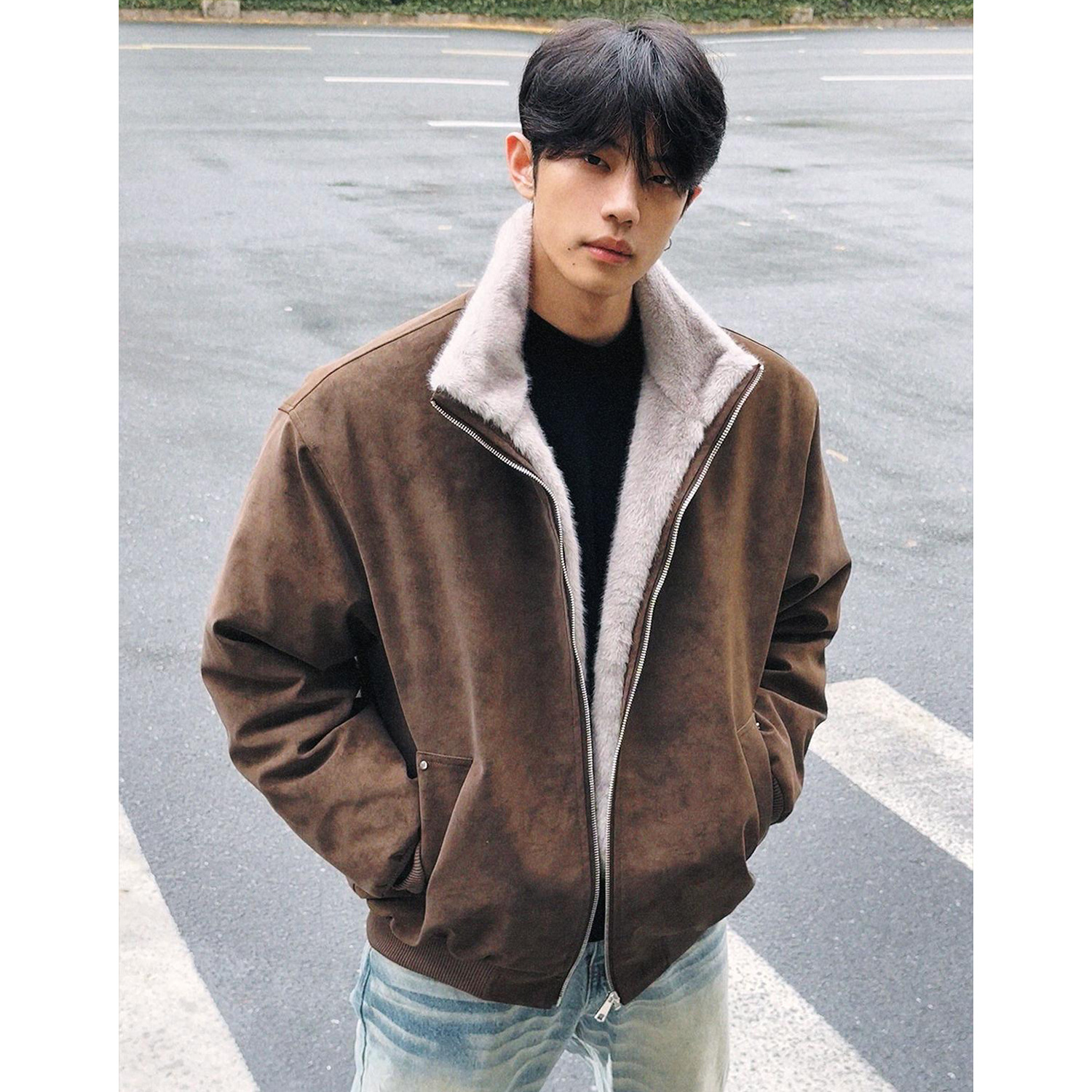 仿双色貂毛座山雕外套男款冬季pu皮美式立领保暖棉服加棉厚皮棉衣