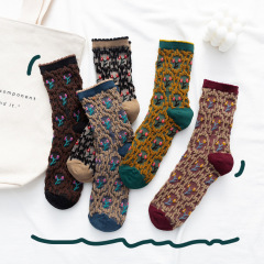 2024 Spring and Autumn Women's Socks New Mid-Length Three-dimensional Flower Ethnic Style Korean Style Mid-Tube Socks Small Flower Women's Socks Wholesale