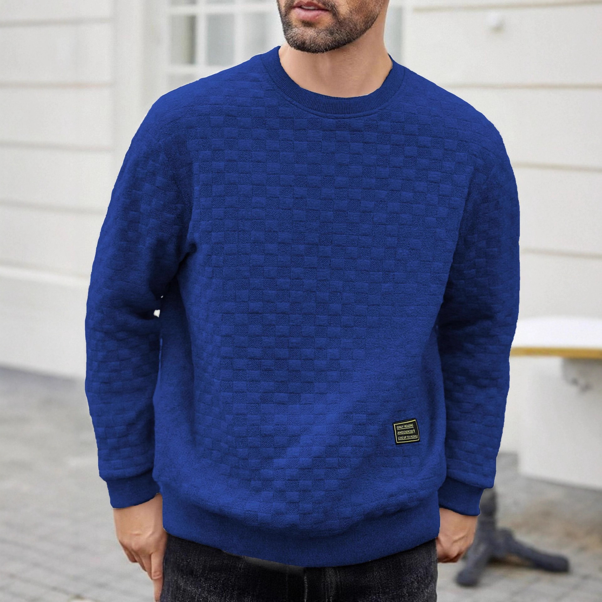 Nuevo comercio exterior de tamaño europeo otoño y invierno delgado cuello redondo cuadrícula de manga larga personalidad europea y americana camiseta legging casual para hombres