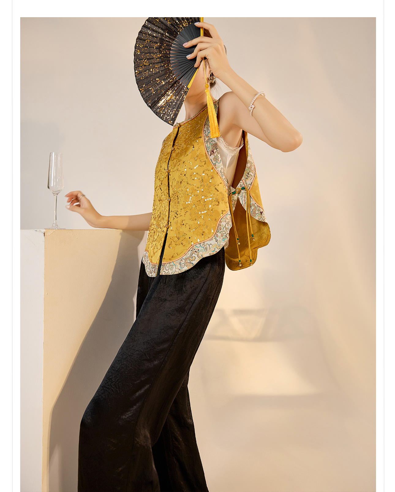 Áo vest gile nữ phong cách retro Tân Trung Hoa, cổ đứng, thêu đính hạt cườm tinh xảo — Vàng chanh chi tiết 15