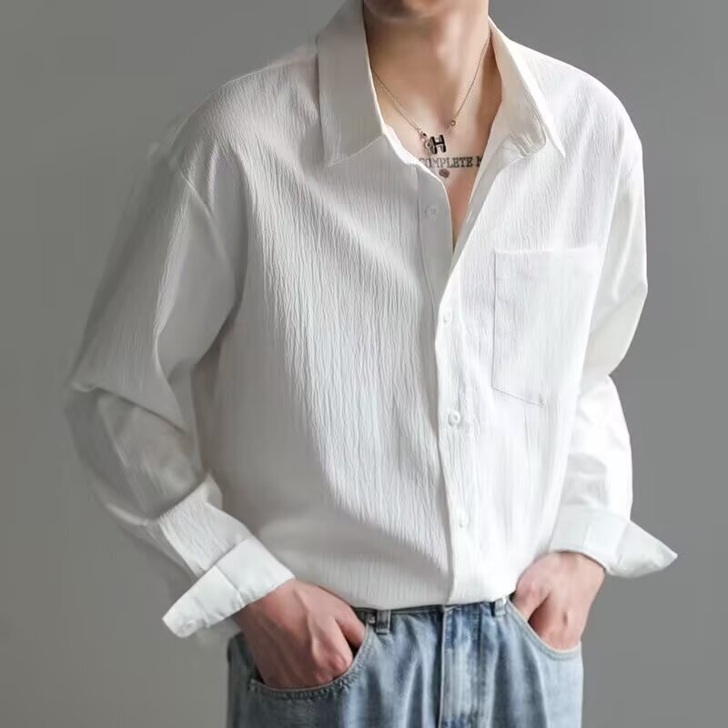 Korean Style Trendy Handsome Long-Sleeved Shirt Men's Loose Casual Wrinkle Draped No-Iron Shirt 2025 Autum Top