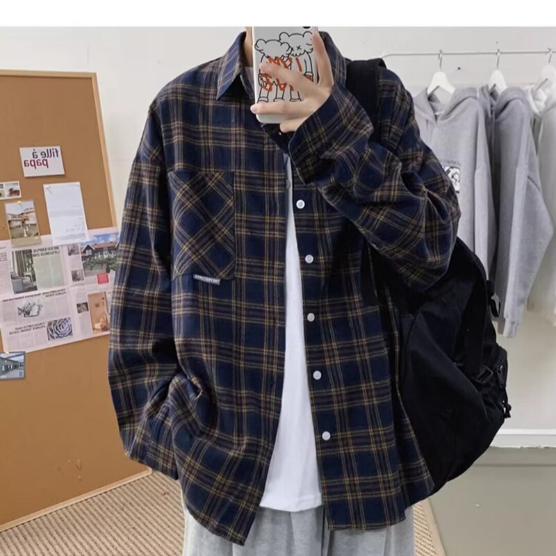 Plaid Long-Sleeved Shirt Men's Spring & Fall Loose Korean Style Trendy Student Casual Cardigan Outer Wear Retro Plaid Shirt Jacket Plaid Long-Sleeved Shirt Men's Spring & Fall Loose Korean Style Trendy Student Casual Cardigan Outer Wear Retro Plaid Shirt Jacket