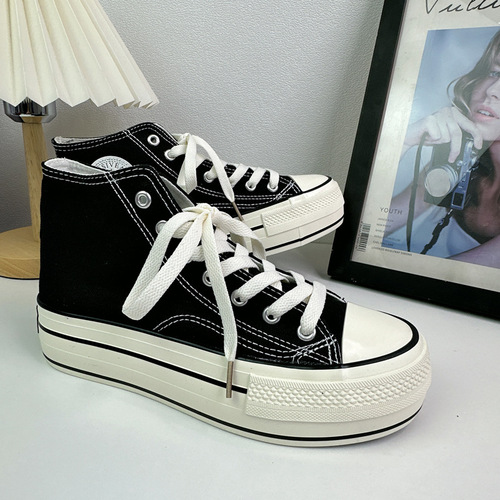 2024 Spring and Summer New Korean Version Versatile Sapphire Blue Big Red High Top Canvas Shoes Women's Thick Sole Increased 4CM Platform Shoes