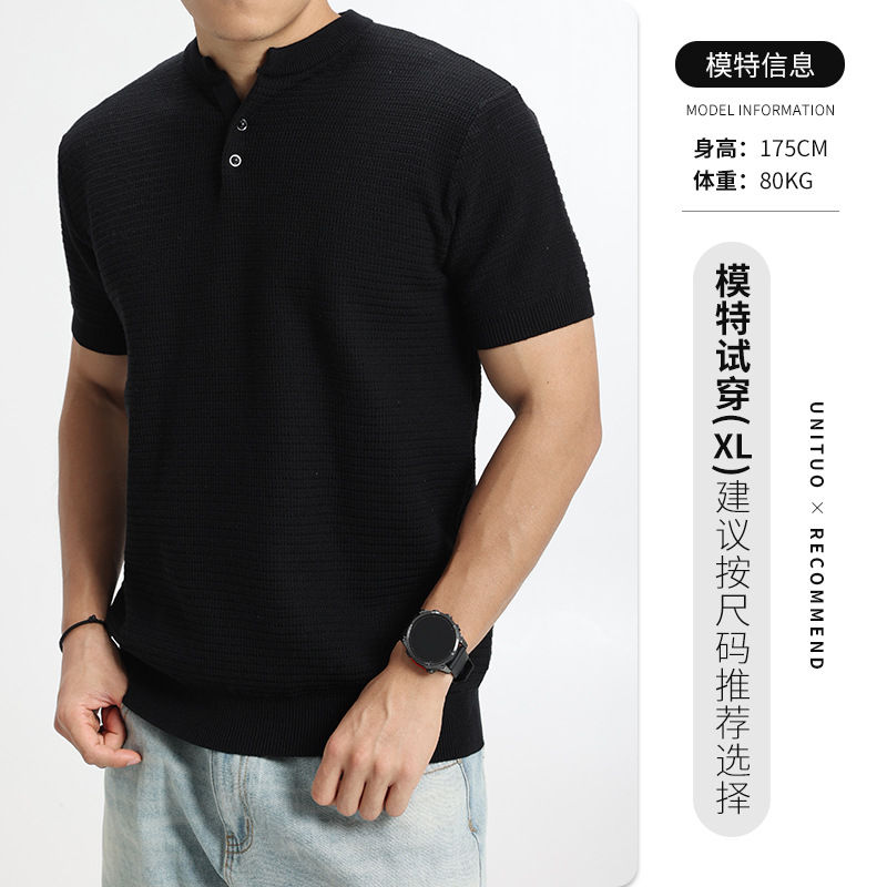 Cross-border hombre lujoso ligero Vogue punto de manga corta Henry cuello botón media manga camiseta de alta calidad europea y americana ropa de hombre