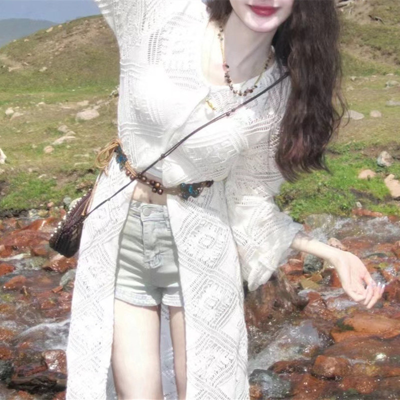 Yujie Fan Sexy Hollow Cardigan Knitted Top 2024 Summer Holiday Style Design Sense Niche Long Cardigan Women Yujie Fan Sexy Hollow Cardigan Knitted Top 2024 Summer Holiday Style Design Sense Niche Long Cardigan Women