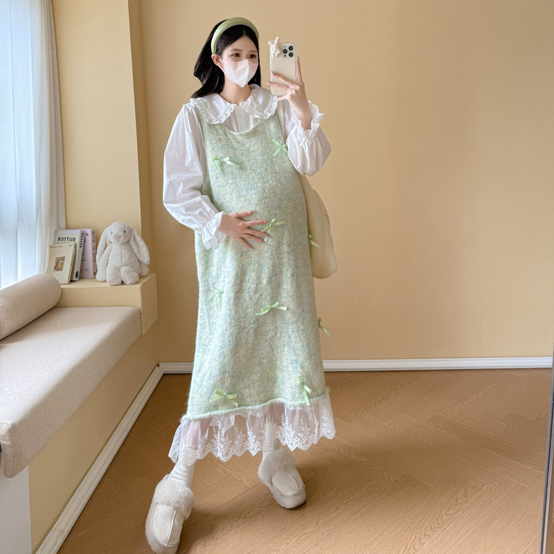 孕妇秋冬新款重工宽松显瘦长款背心连衣裙+娃娃领衬衫甜美两件套|undefined