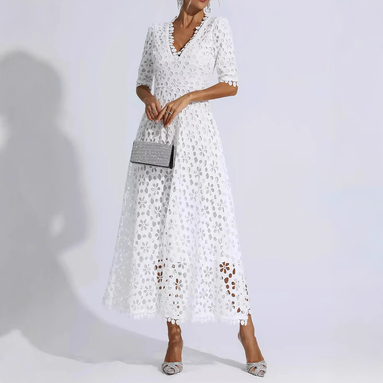 Women's Deep V Neck mid Length Lace Evening Dress Spring/Summer New Arrival European American Style Regular Size_ecoleips.com