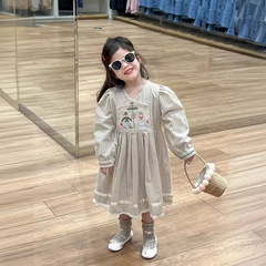 Korean Children's Clothing 2024 Girls Spring Dress V-neck Embroidered Striped Bubblesleeve Ribbon Fringe Long-sleeve Princess Dress