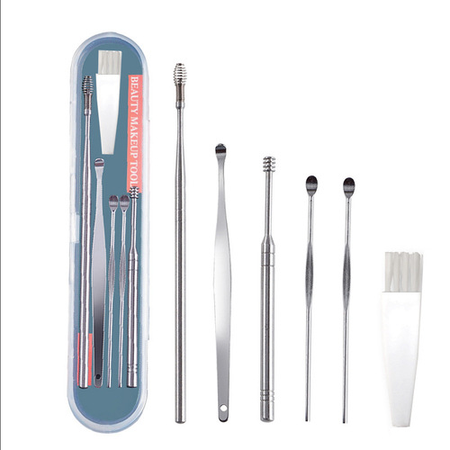 Stainless steel ear scoop 6-piece set ear scoop ear picking tool set portable spiral spring ear cleaning artifact