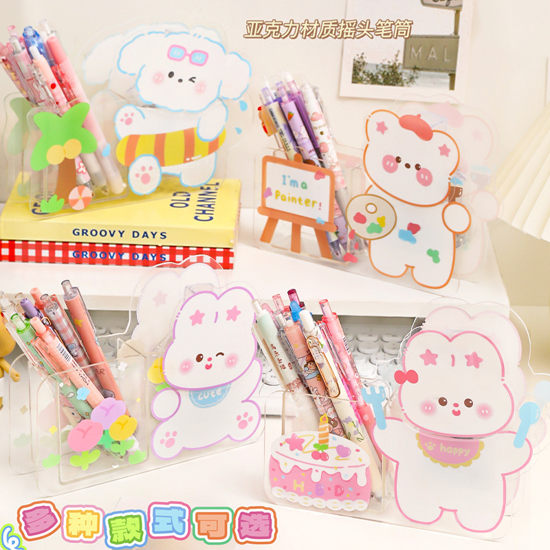 Titular de la pluma de acrílico transparente estudiante de secundaria caja de papelería de almacenamiento sacudiendo la cabeza swing caja de lápiz colgante papelería creativa al por mayor