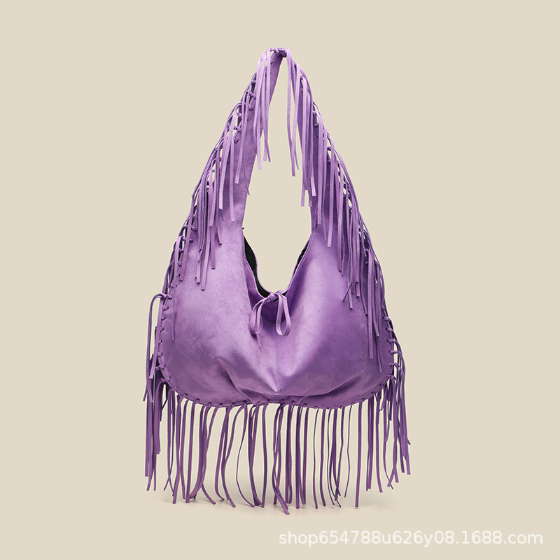 Bolso de mujer de un solo hombro de tendencia de media luna de borla de gran capacidad Bolso de bola de masa retro de terciopelo de piel de venado de mensajero simple casual