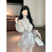法式气质绝美长袖粉色碎花雪纺领衬衫连衣裙女夏季收腰显瘦短裙