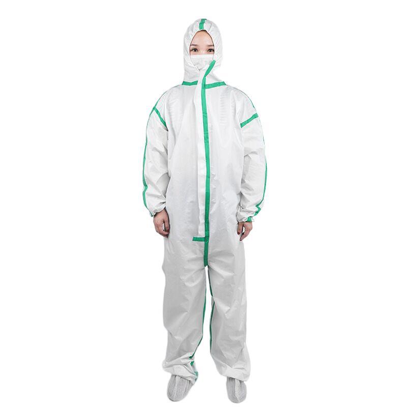 一次性连体防护服带帽子PP无纺布PE淋膜车缝压条2-3级