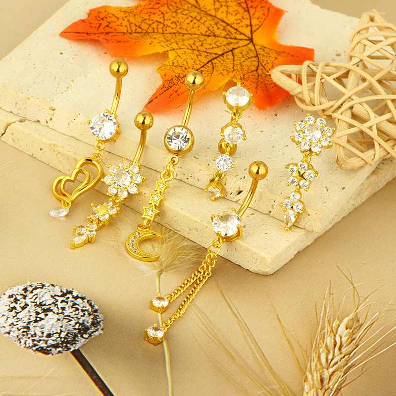 Best Selling Gold Heart Navel Ring Stainless Steel Copper Inlaid Zircon Belly Button Piercing Jewelry detail image 5