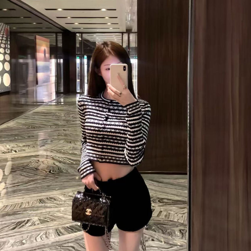 小香风时尚气质长袖修身短款针织衫女早秋新款波浪花边设计上衣|undefined