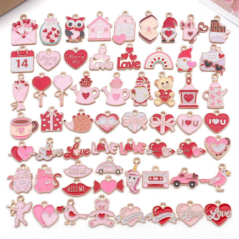 Mix 60 Valentine's Day DIY Jewelry Accessories Heart Alloy Oil Drop Peach Heart Pendant Necklace Earrings Mobile Phone Pendant